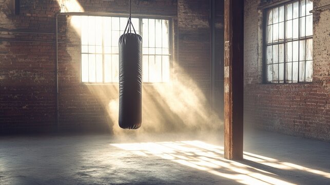 A punching bag hangs in a sunlit, vintage boxing gym - Powered by Adobe
