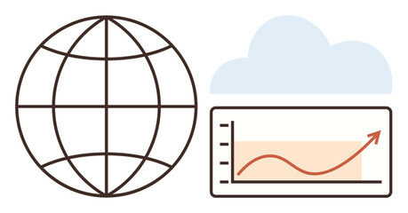 Globe with grid lines beside upward graph and cloud element conveys growth, global insight, tech trends, data analysis, environmental awareness, global communication, predictive analytics. Modern