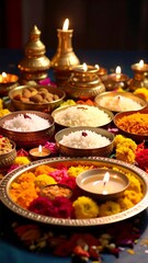 Festive offering of dishes, flowers, and candles in warm light