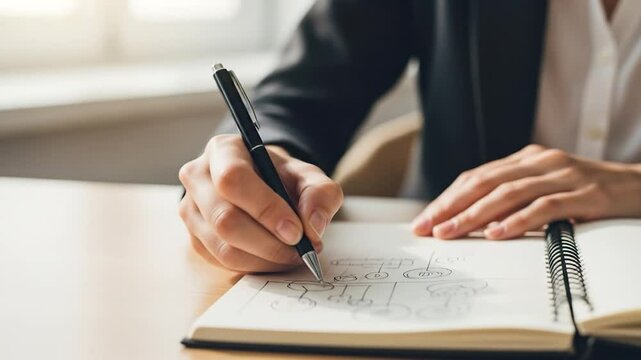 Businesswoman Strategizing: Close-Up of Hands Sketching Flowchart in Notebook