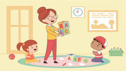 Teacher Engages Diverse Kids in Learning with Alphabet Blocks in Bright Classroom Setting