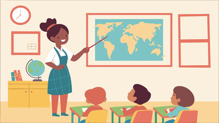 Teacher teaching geography with world map to diverse students in classroom. Education and learning concept.