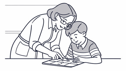 Adult woman teaching and guiding a young boy during a learning activity or board game, black and white illustration.