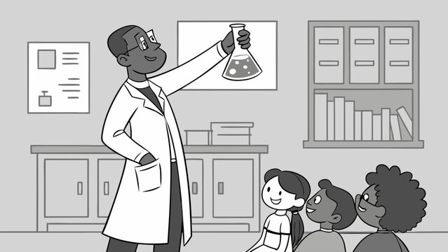 Scientist in Lab Coat Demonstrating Chemistry Experiment to Curious School Children Illustration
