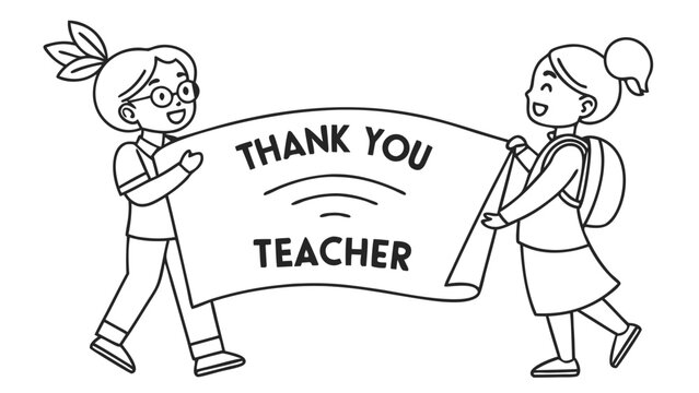 Happy students holding 'Thank You Teacher' banner. Black and white line art illustration showing children's gratitude for educators.