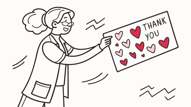 Smiling Person Holding Thank You Sign with Hearts - Gratitude and Appreciation Line Art