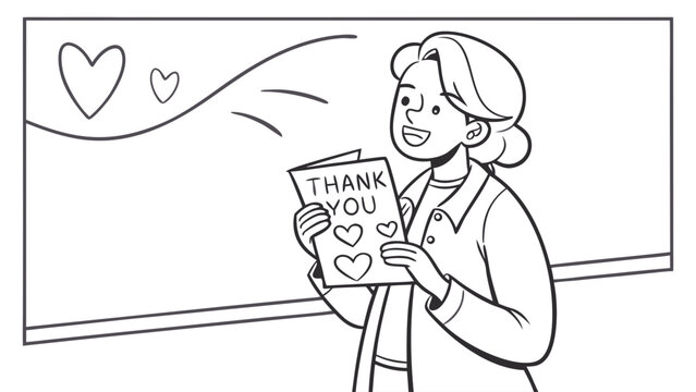 Happy Teacher Holding Thank You Card Illustration. Black and white line art depicting gratitude and appreciation in education.