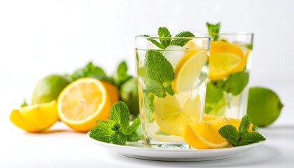 Fototapeta premium Refreshing lemon-lime drinks with ice and mint