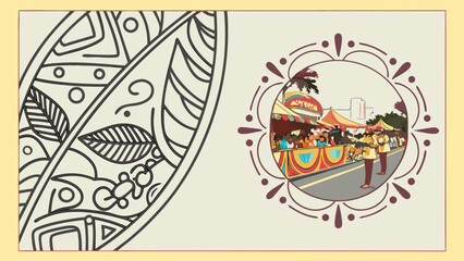 Obraz premium Lively Outdoor Market Illustration with Intricate Tribal Pattern Art