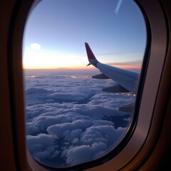 Aerial view of clouds from airplane window at sunset