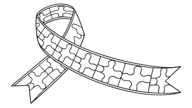 Puzzle Piece Awareness Ribbon Line Art. Monochrome symbol for autism support, neurodiversity, and advocacy.