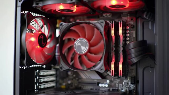 Illuminated Red Computer Interior Cooling Fans and Parts Inside the Black Case on White Background For Powerful