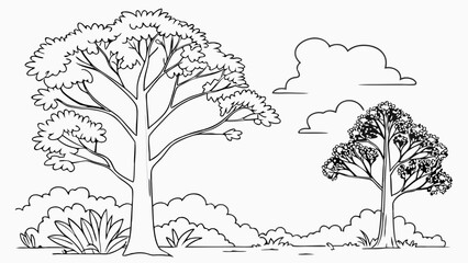 Line Art Nature Scene with Trees and Bushes for Coloring. Black and White Outline Drawing of Landscape.