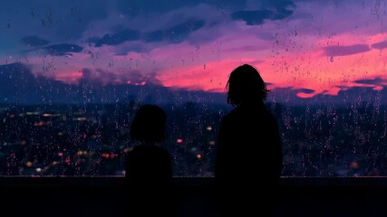Two young people silhouettes watching magical pink sunset sky together 4K Seamless loop animation
