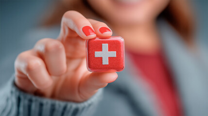 Small red first aid icon held by a human hand. Generative AI