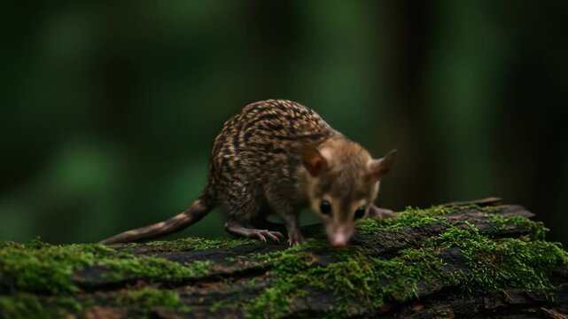 Curious Olingo Explores Mossy Log in Lush Green Forest
