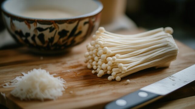 A wooden cutting board displays enoki mushrooms, a knife, and a bowl of sauce