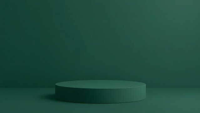 Minimalist dark green cylinder podium on a matching background for product display