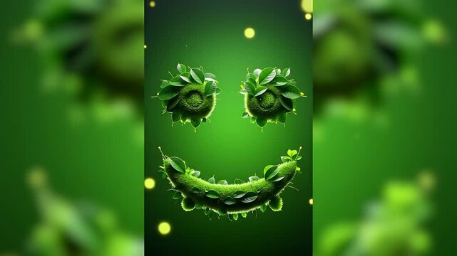 Abstract Smiling Face Composed of Green Leaves and Sparkling Light on a Green Background
