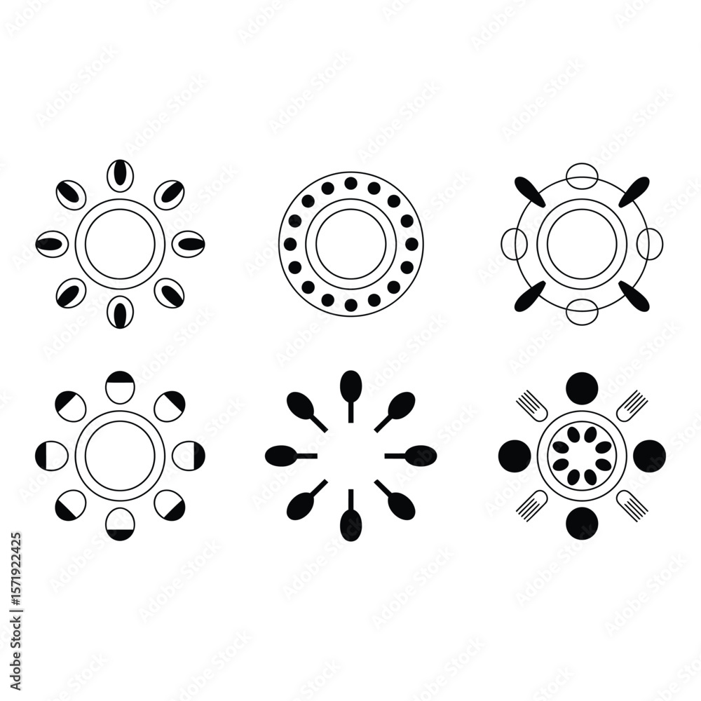 Aufkleber abstract black and white circular table setting icons minimalist restaurant menu design elements