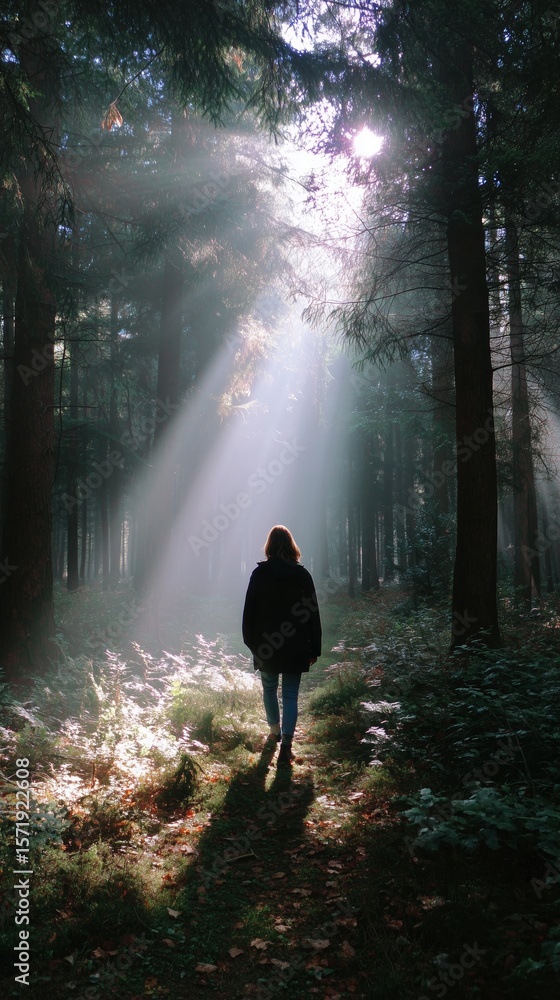 Poster sunbeams shining through trees as a person walks along a forest path in autumn