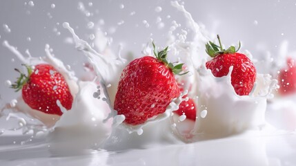Fresh strawberries are splashing into milk isolated on white background