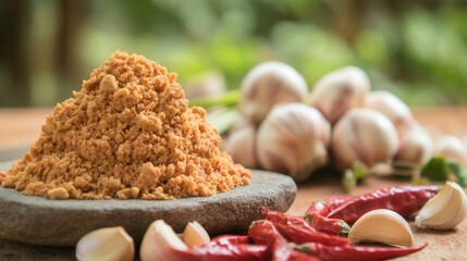 Pile of chili paste with garlic and red chilies on a stone plate