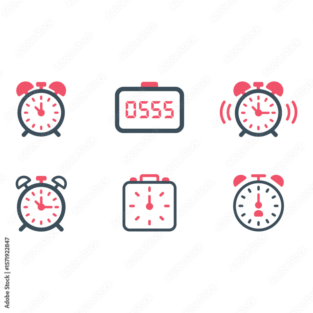 Poster collection of six modern alarm clock and timer icons flat design minimalist style time management co