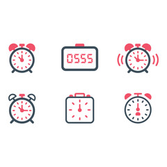 Collection of Six Modern Alarm Clock and Timer Icons Flat Design Minimalist Style Time Management Concept