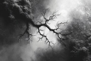 Mystical Monochrome A Bare Branch's Silhouette Against a Foggy Forest Landscape