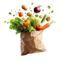 Paper Bag Filled with Vegetables Flying Out - Fresh assorted vegetables spilling from paper bag on transparent background


