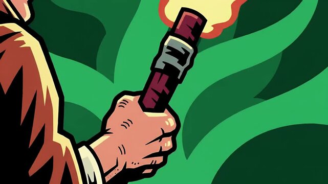 Hand Holding Burning Torch with Dark Red Handle and Linear Green Background Illustration