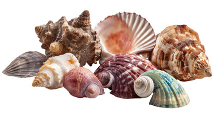 Obraz premium Assorted Sea Shells on Soft Golden Sand with Scattered Pebbles - Natural beach shells collection on transparent background