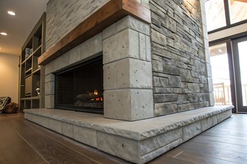 Modern Farmhouse Fireplace with Stacked Stone and Wood Mantel in Luxurious Home