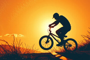 Obraz premium Cyclist performs jump against vibrant sunset backdrop