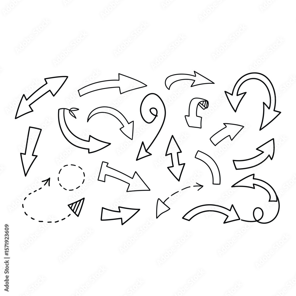 Poster hand drawn arrow collection various styles black outline white background vector illustration graphi