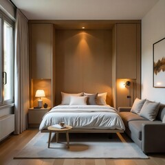 A modern and luxurious bedroom with minimalist design and wardrobe