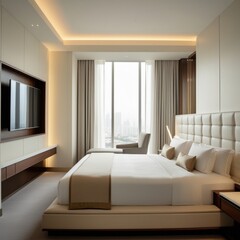 Bright and serene minimalist bedroom featuring natural wood furniture, large windows with a scenic view, and lush indoor plants.