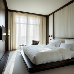 Bright and serene minimalist bedroom featuring natural wood furniture, large windows with a scenic view, and lush indoor plants.