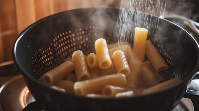 Steaming rigatoni pasta sits in a black colander indoors