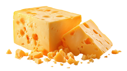 Block of Cheddar Cheese with Slices and Crumbs - Aged cheddar block with cut slices and natural crumbs on transparent background

