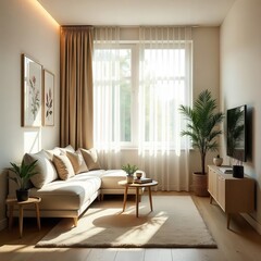 Fototapeta premium Bright and serene minimalist bedroom featuring natural wood furniture, large windows with a scenic view, and lush indoor plants.