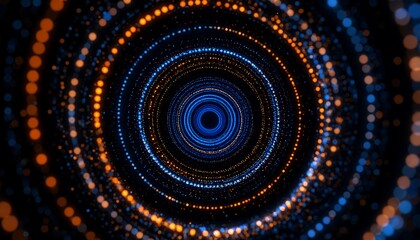 Concentric circles of glowing dots in dark, blue and orange