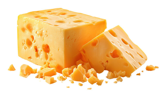 Block of Cheddar Cheese with Slices and Crumbs - Aged cheddar block with cut slices and natural crumbs on transparent background

