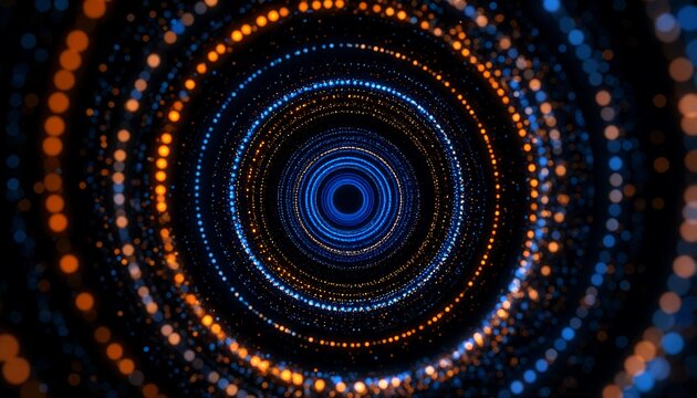 Concentric circles of glowing dots in dark, blue and orange