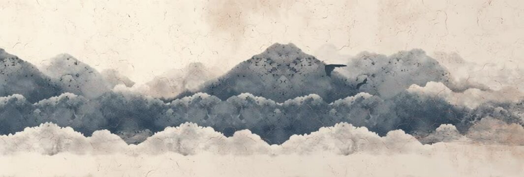 Oriental ink painting landscape and flying birds