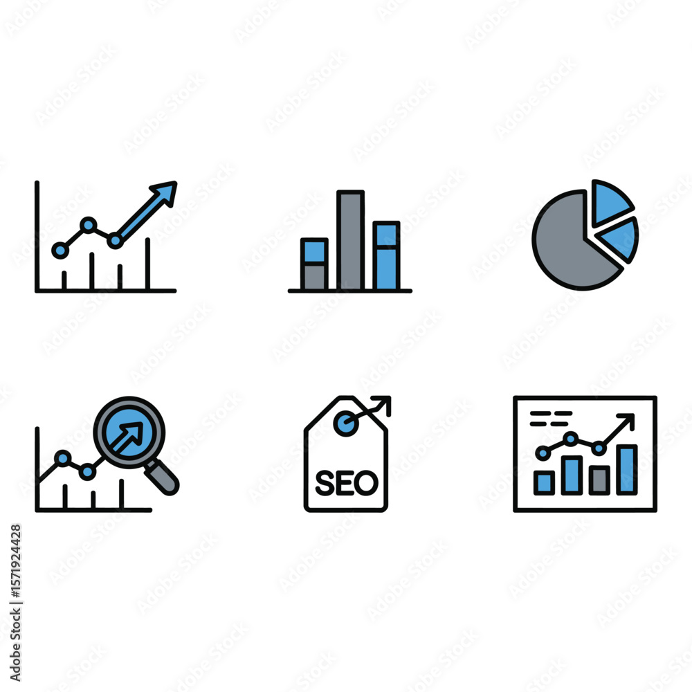 Aufkleber modern seo analytics icons upward trending charts pie charts bar graphs and data analysis magnifier