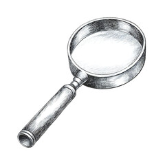Detailed etching shows an antique magnifying glass on a transparent background, perfect for design elements and illustrative use, silhouette