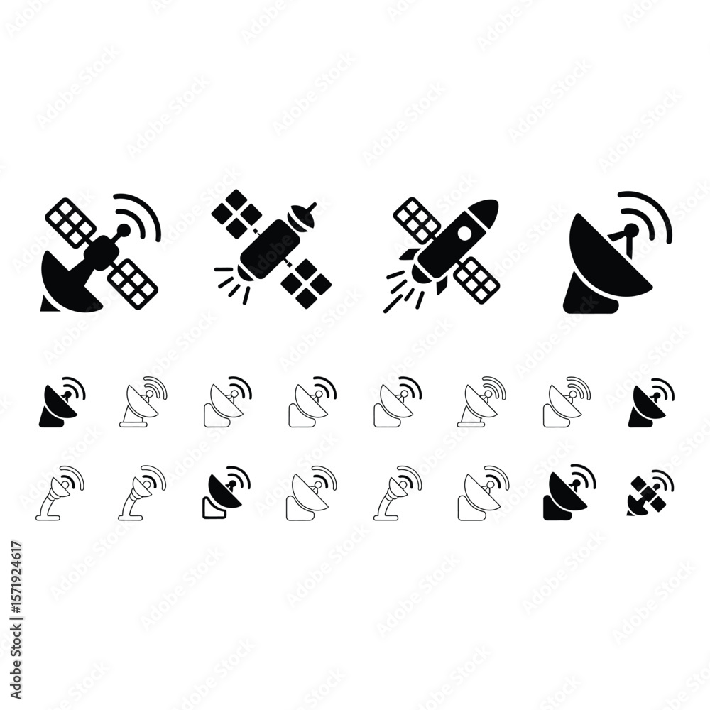 Poster satellite communication icons black and white vector graphics set for technology space and global ne