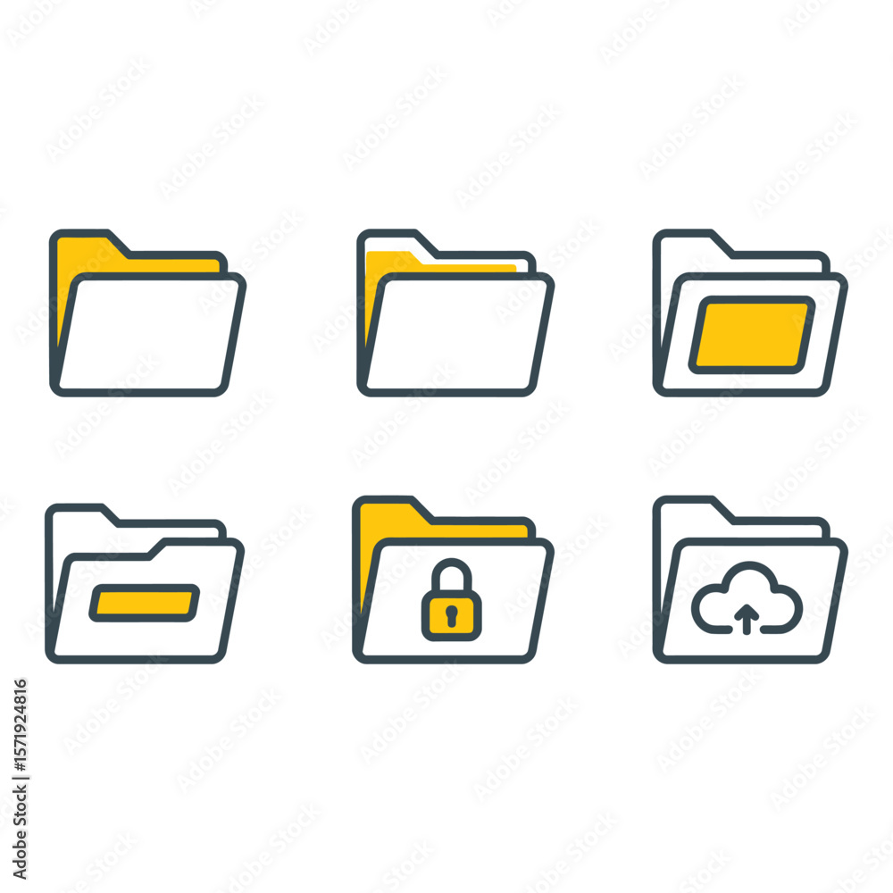 Poster six colorful folder icons data storage security and cloud upload concepts